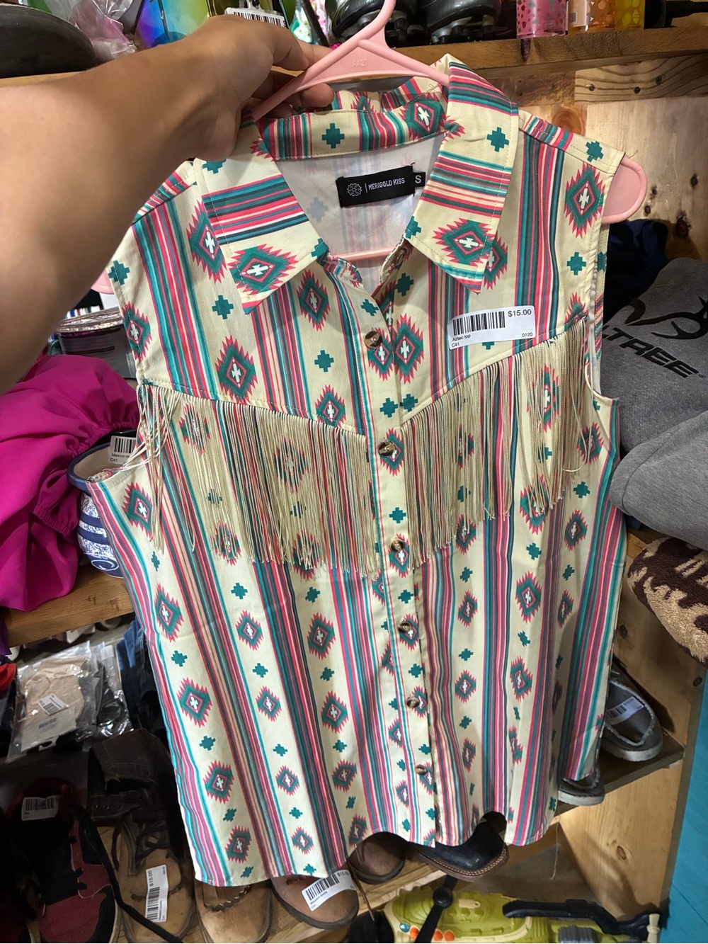 Cream Aztec Fringe Button-Down Sleeveless Top